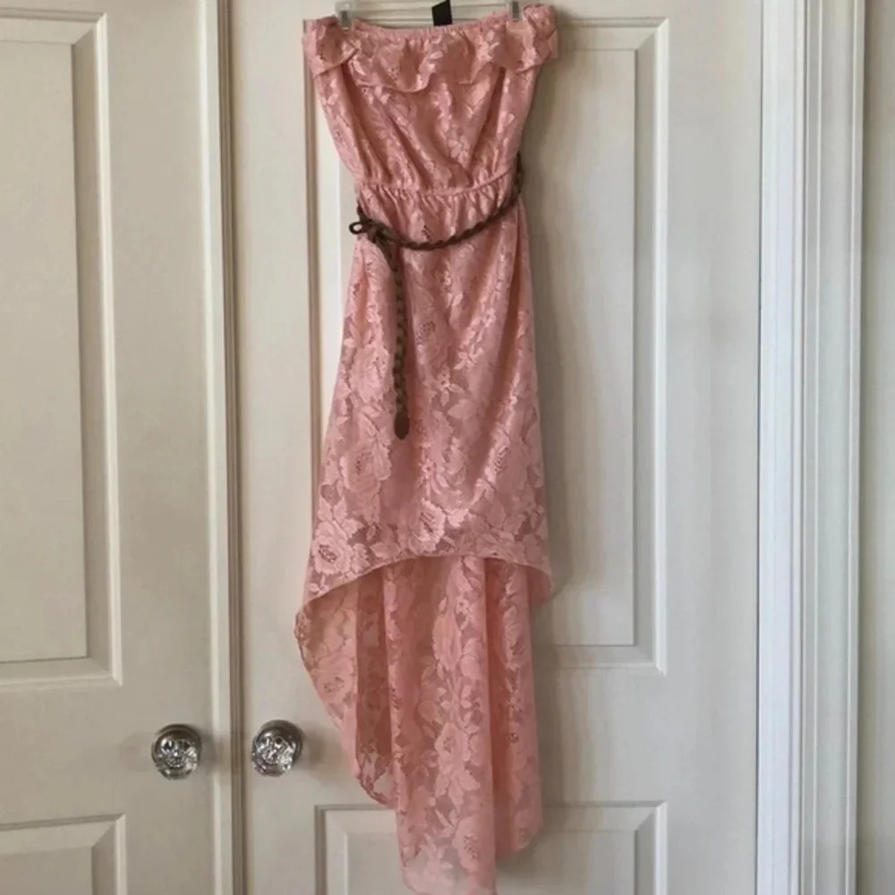 Strapless lace dress, pink w brown braided belt, knee length, size medium